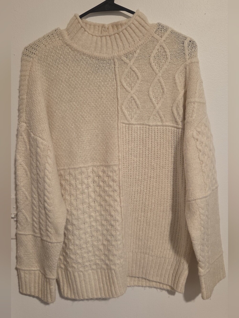 American Eagle Outfitters Cream Cable Patchwork Mock Neck Sweater